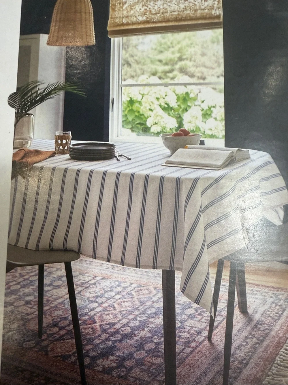 Threshold White Ivory and Blue Striped Tablecloth Oblong, Size 60x84, NWT
